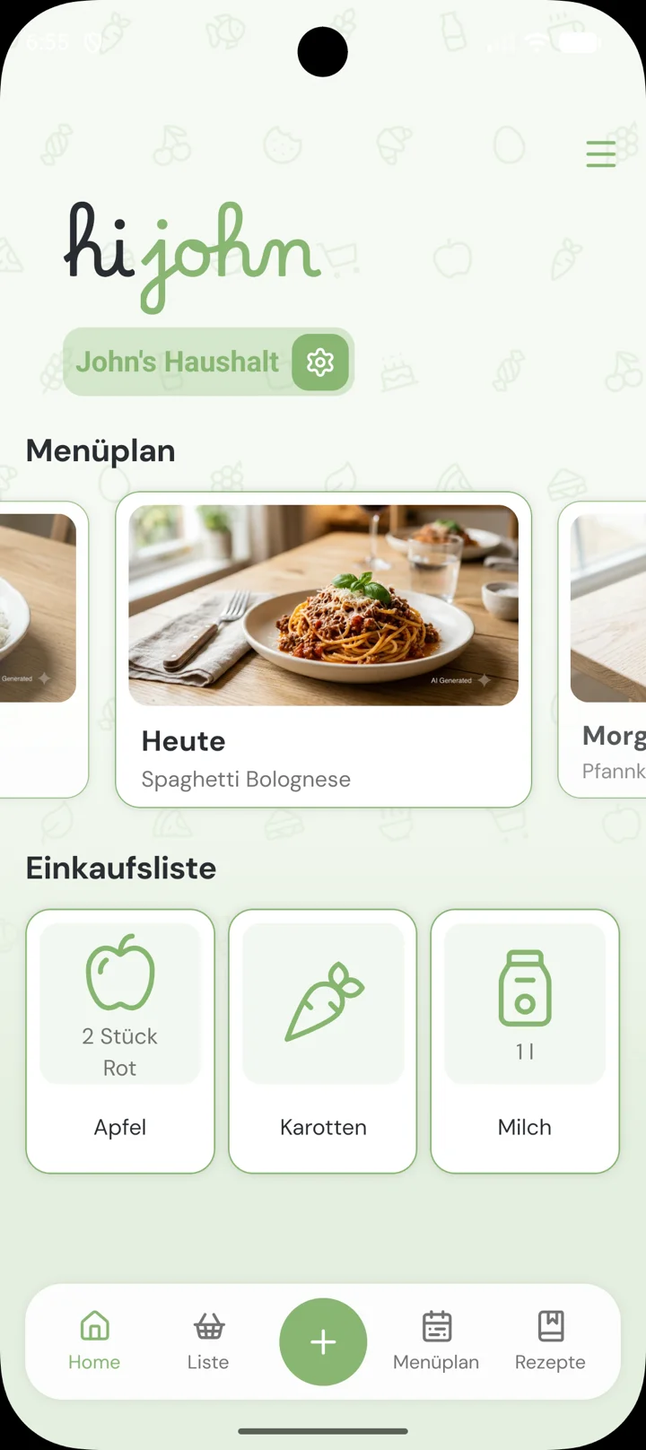 Der Startbildschirm von mingel mit dem Menüplan für heute und den nächsten Einträgen auf der Einkaufsliste.