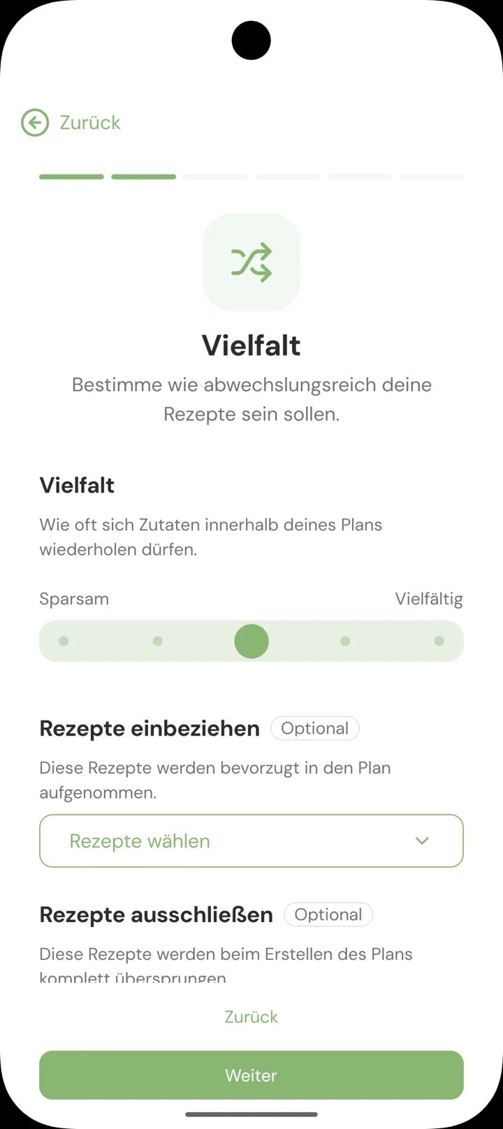 Der Smart Menüplan von mingel Pro fragt ab, wie abwechslungsreich die Rezepte der Woche sein sollen.