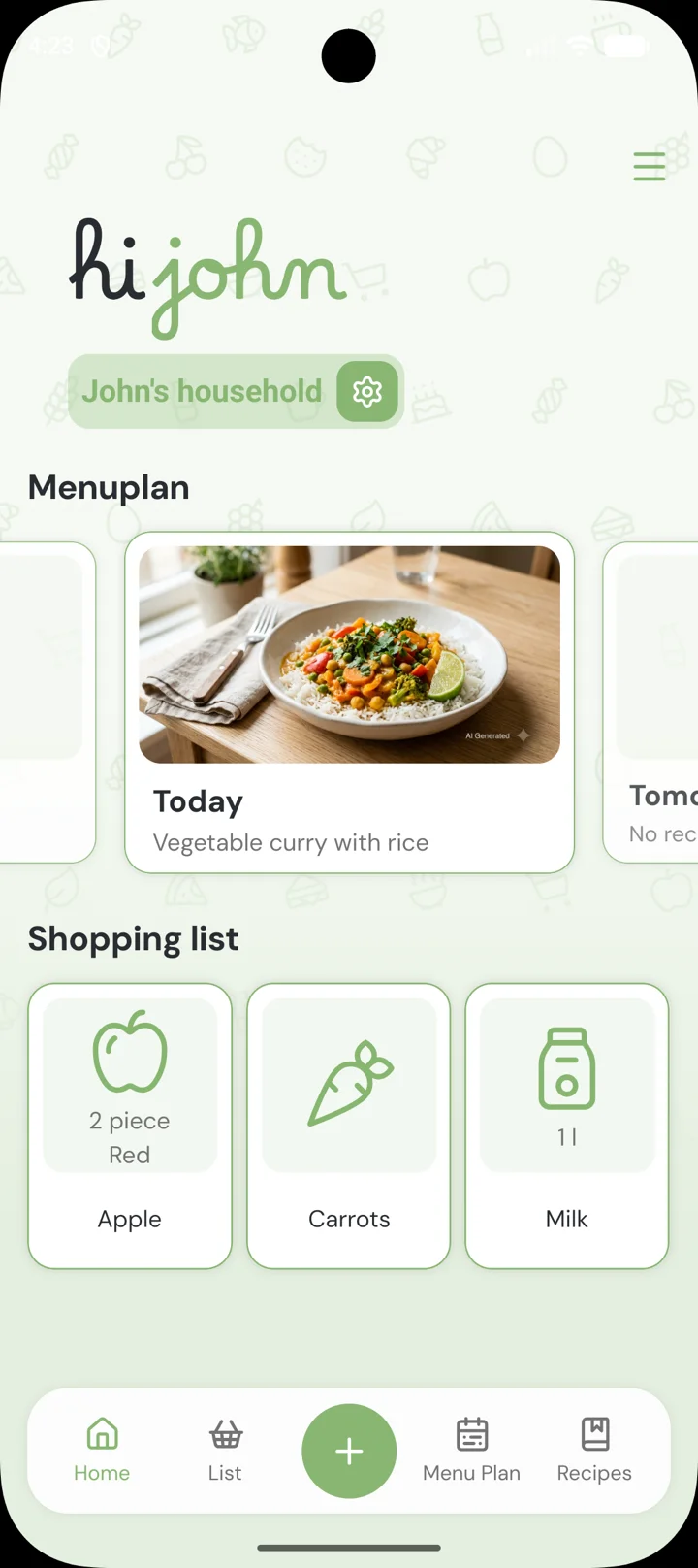The mingel home screen with today’s meal plan and the next entries on the shopping list.