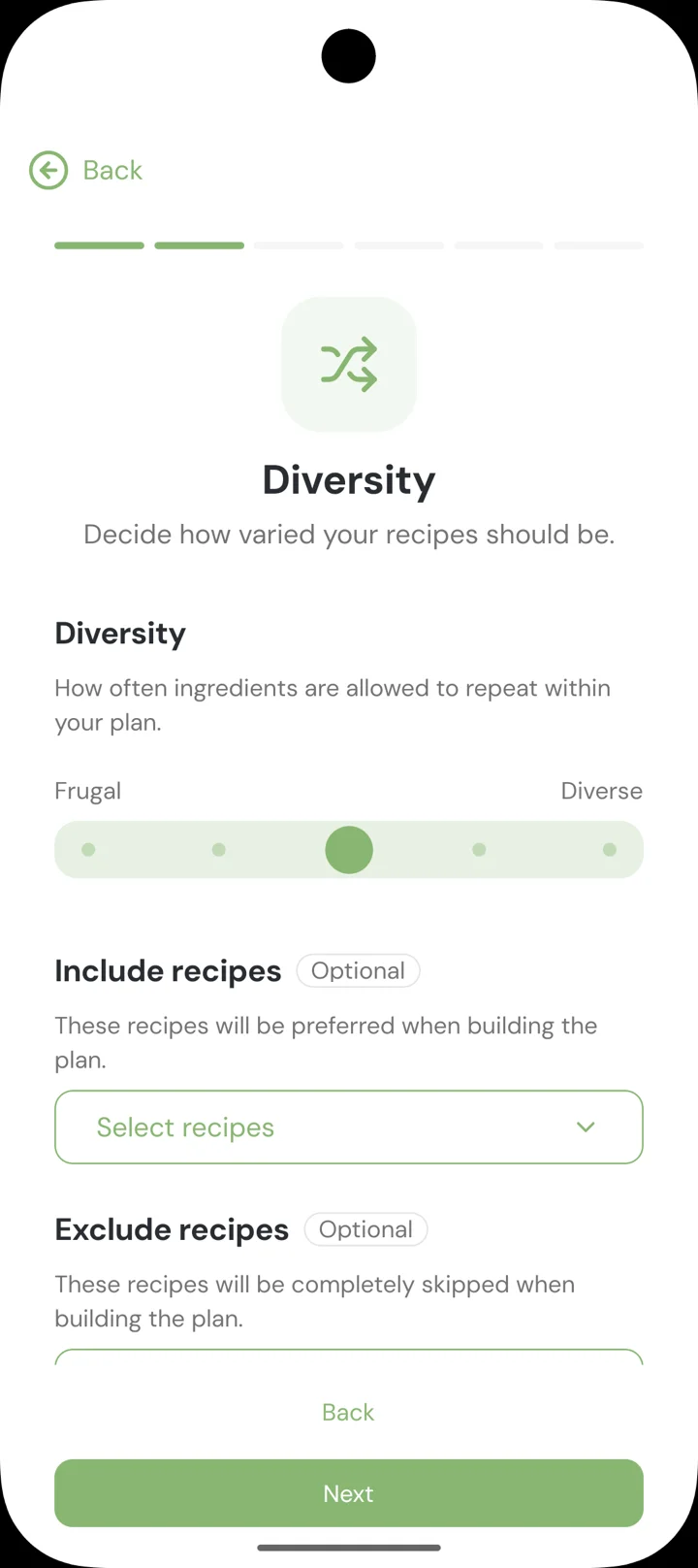 The Smart Meal Plan in mingel Pro asking how varied the recipes of the week should be.